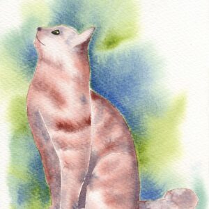 Aquarelle animale représentant un chat assis de profil en train de regarder en l'air quelque chose qui l'absorbe réalisée par Christelle Lachambre artiste-peintre