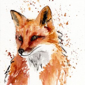 Aquarelle animale représentant un buste de renard au milieu de splashs de couleurs réalisée par Christelle Lachambre artiste-peintre