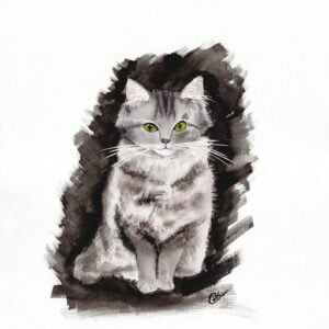 Aquarelle animale représentant un chat gris aux yeux verts sur un fonds noir réalisée par Christelle Lachambre artiste-peintre