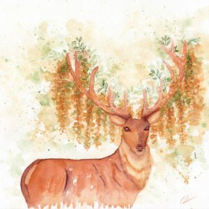 Aquarelle animale style fantastique représentation onirique du dieu de la forêt sous la forme d'un cerf, animal-totem aux bois ornés de fleurs et de fleurs réalisée par Christelle Lachambre artiste-peintre