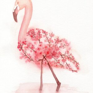 Aquarelle animale style fantastique représentant un flamand rose dont le corps, les ailes et les pattes sont constitués de branches de cerisiers en fleurs réalisée par Christelle Lachambre artiste-peintre