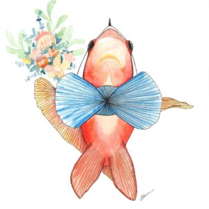 Aquarelle animale style naïf représentant un poisson clown guindé, avec un bouquet de végétaux de la mer, et un noeud papillon en coquillages qui s'apprête à aller à un rendez-vous galant... réalisée par Christelle Lachambre artiste-peintre