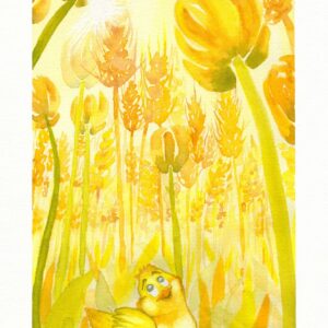 Aquarelle végétale et animale en monochrome jaune représentant un poussin au milieu d'un champs de blé et de tulipes vu de dessous réalisée par Christelle Lachambre artiste-peintre