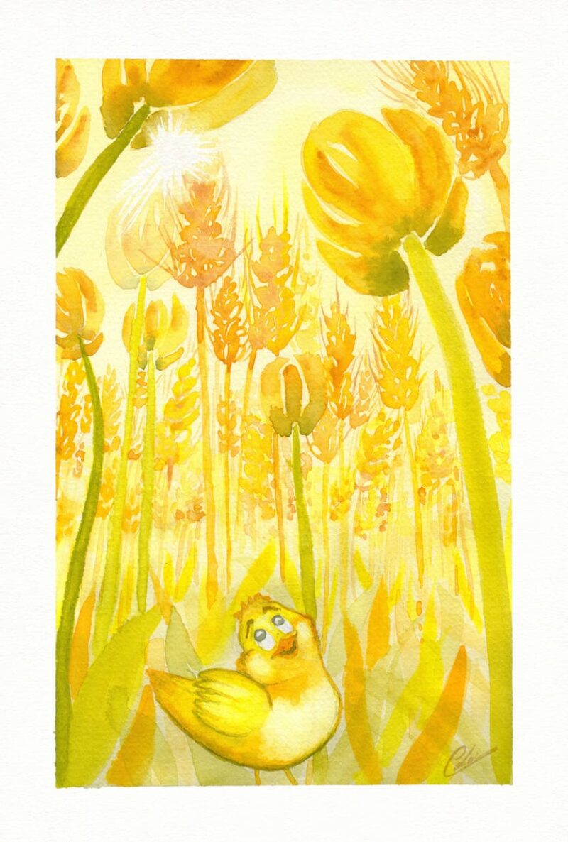 Aquarelle végétale et animale en monochrome jaune représentant un poussin au milieu d'un champs de blé et de tulipes vu de dessous réalisée par Christelle Lachambre artiste-peintre