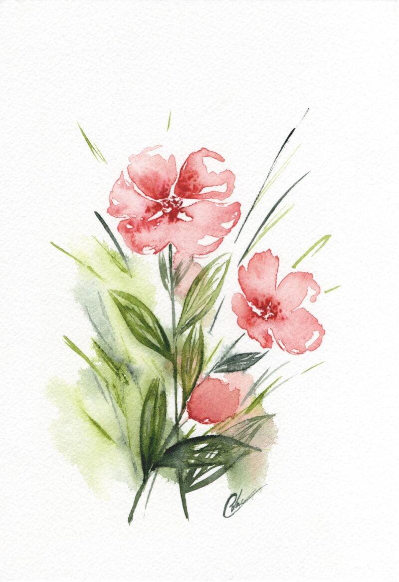 Aquarelle végétale représentant trois fleurs rouges dans un bocaux en verre réalisée par Christelle Lachambre artiste-peintre