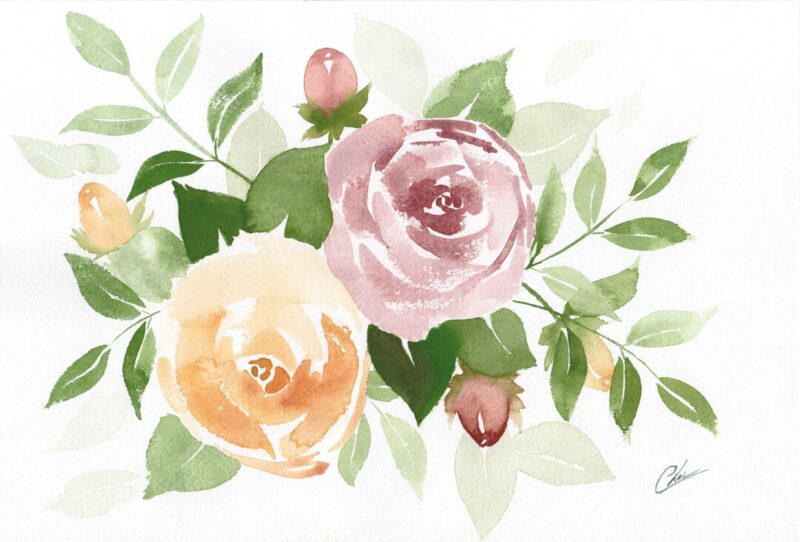 Aquarelle végétale représentant des roses et boutons de roses sur des tons de vieux rose et d'ocre jaune réalisée par Christelle Lachambre artiste-peintre