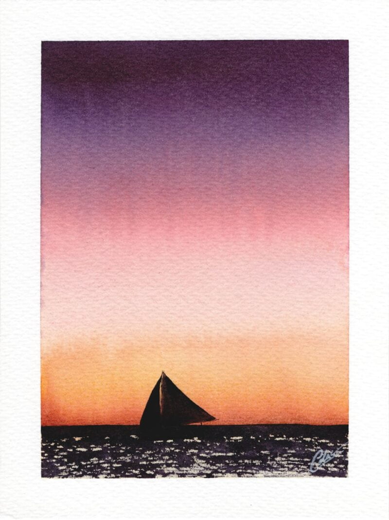 Aquarelle paysage représentant la silhouette d'un voilier sur la mer au soleil couchant réalisée par Christelle Lachambre artiste-peintre