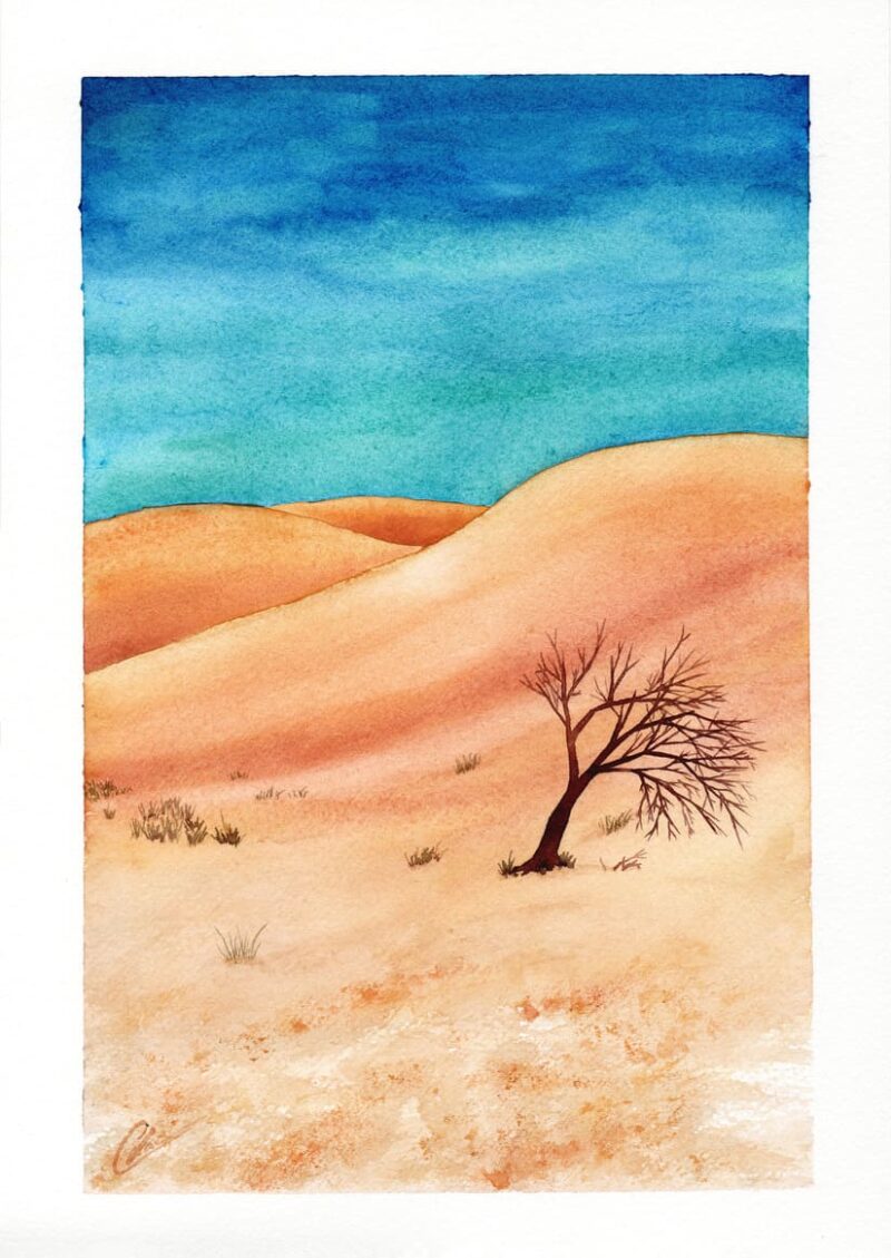 Aquarelle paysage représentant un arbre dans les dunes d'un désert sous un ciel turquoise et bleu réalisée par Christelle Lachambre artiste-peintre