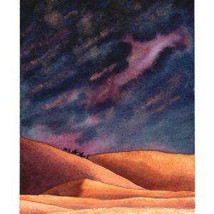 Aquarelle paysage représentant une caravane d'hommes et de chameaux de loin sur les dunes d'un désert sous un ciel de nuit empli de mystère réalisée par Christelle Lachambre artiste-peintre