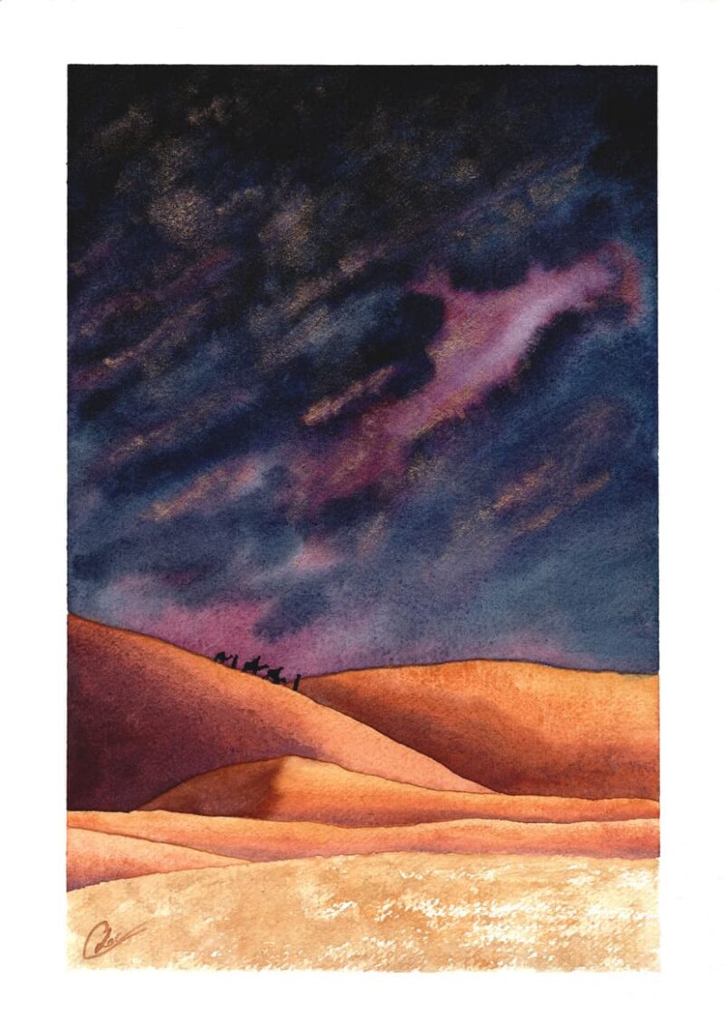 Aquarelle paysage représentant une caravane d'hommes et de chameaux de loin sur les dunes d'un désert sous un ciel de nuit empli de mystère réalisée par Christelle Lachambre artiste-peintre