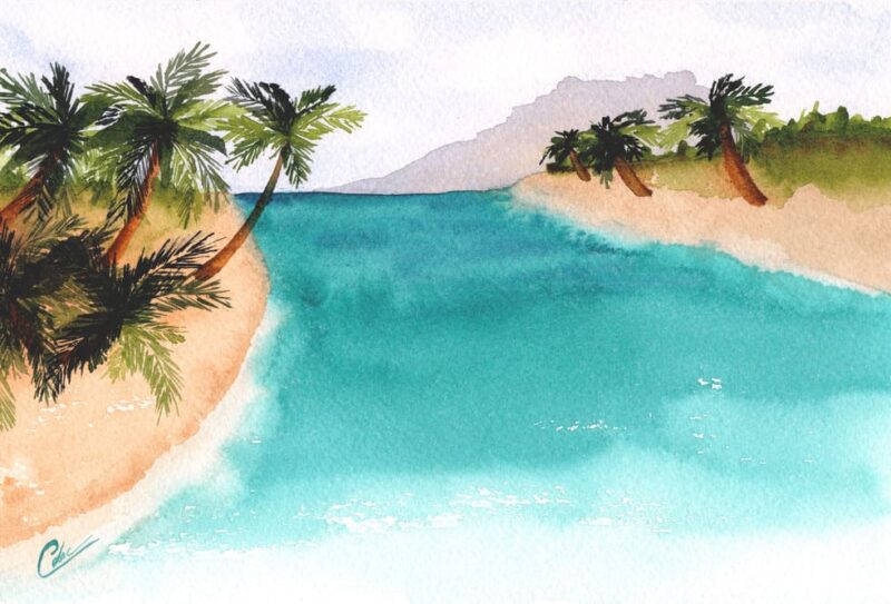 Aquarelle paysage représentant la mer passant entre deux plages de sable et de palmiers réalisée par Christelle Lachambre artiste-peintre