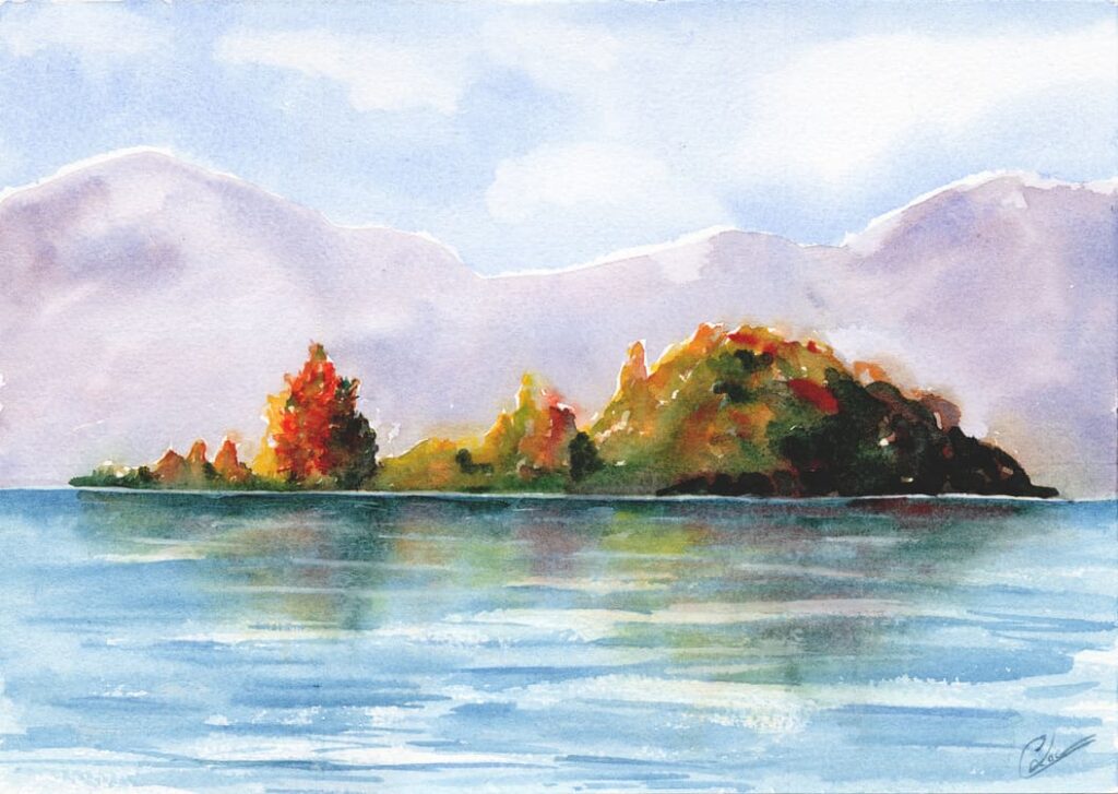 Aquarelle paysage représentant un île sur un lac devant des montagnes réalisée par Christelle Lachambre artiste-peintre