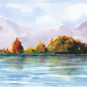 Aquarelle paysage représentant un île sur un lac devant des montagnes réalisée par Christelle Lachambre artiste-peintre