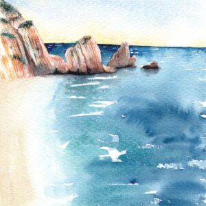 Aquarelle paysage représentant une plage avec des falaises réalisée par Christelle Lachambre artiste-peintre