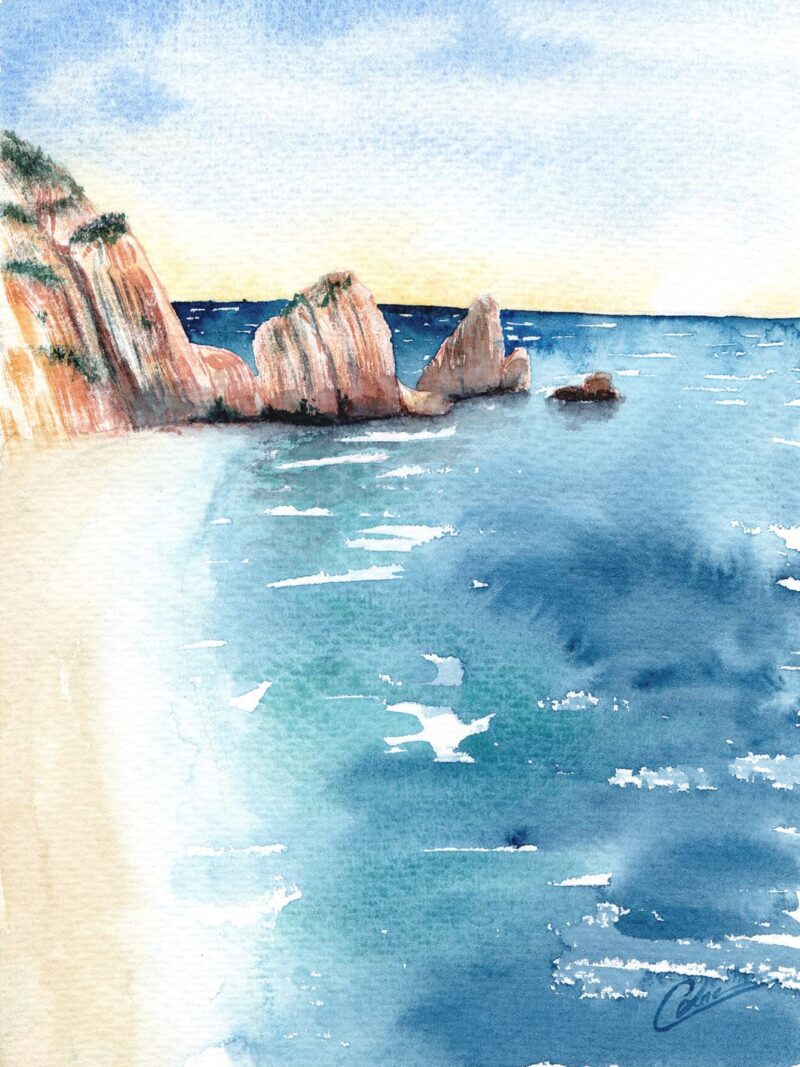 Aquarelle paysage représentant une plage avec des falaises réalisée par Christelle Lachambre artiste-peintre