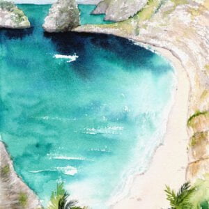 Aquarelle paysage représentant une plage entourée de falaises réalisée par Christelle Lachambre artiste-peintre