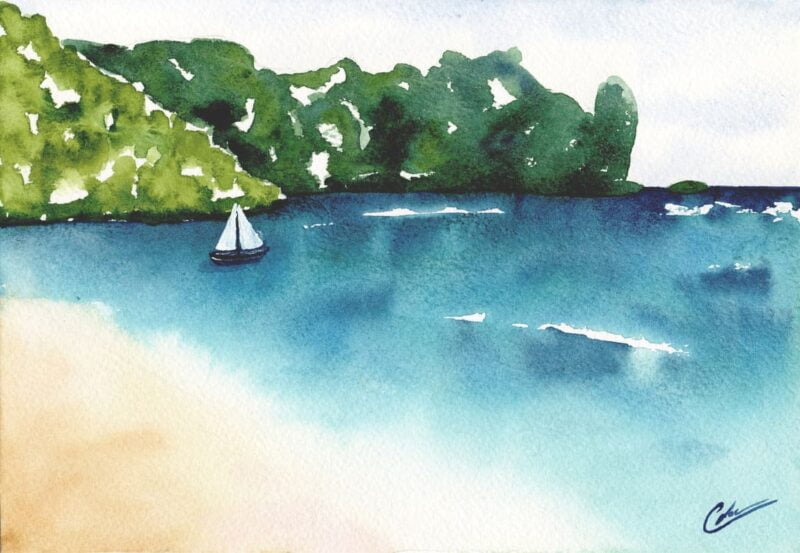 Aquarelle paysage représentant une plage de Thaïlande réalisée par Christelle Lachambre artiste-peintre