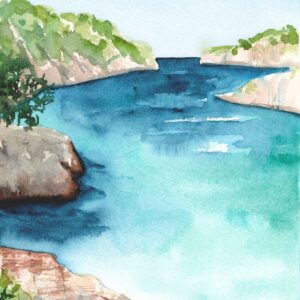 Aquarelle paysage représentant des plages de calanques et la mer réalisée par Christelle Lachambre artiste-peintre