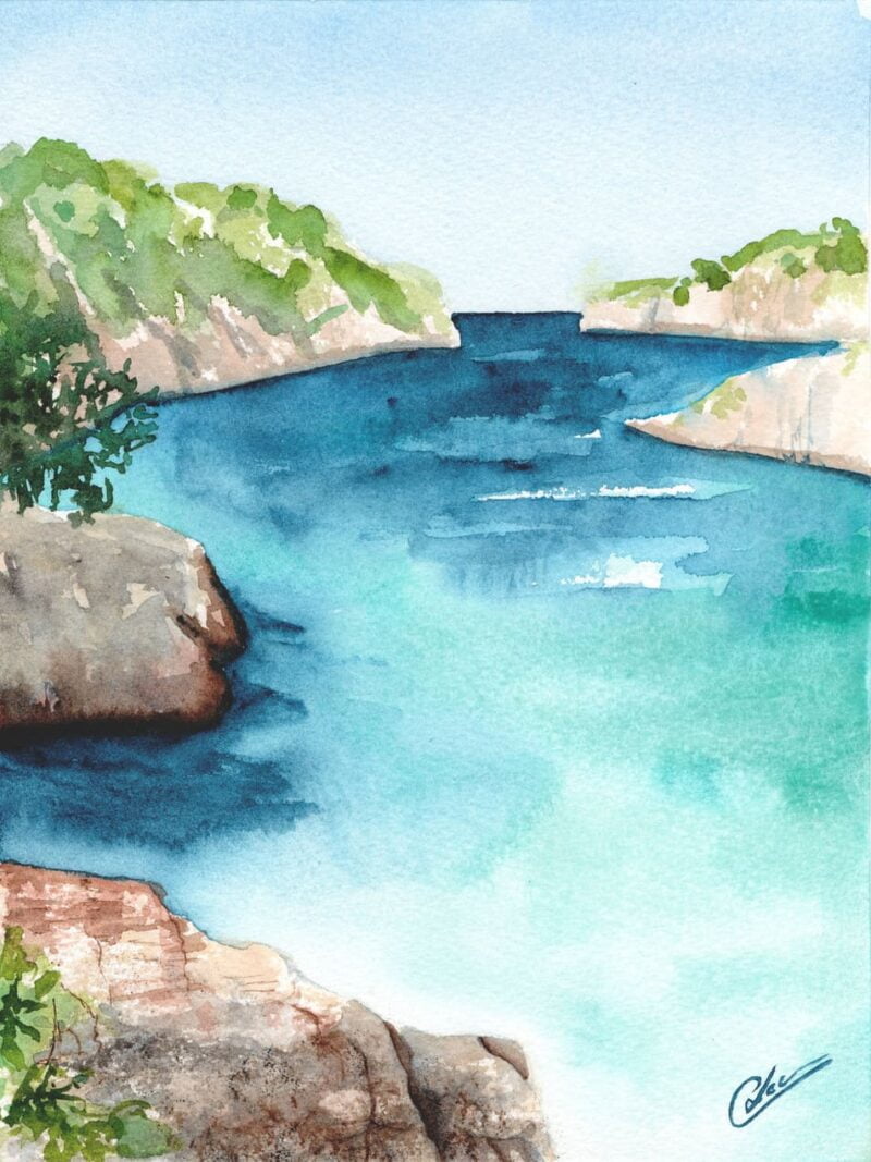 Aquarelle paysage représentant des plages de calanques et la mer réalisée par Christelle Lachambre artiste-peintre