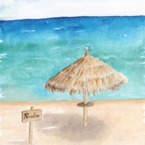 Aquarelle paysage représentant un parasol en feuilles tressées sur une plage de sable devant une mer turquoise réalisée par Christelle Lachambre artiste-peintre