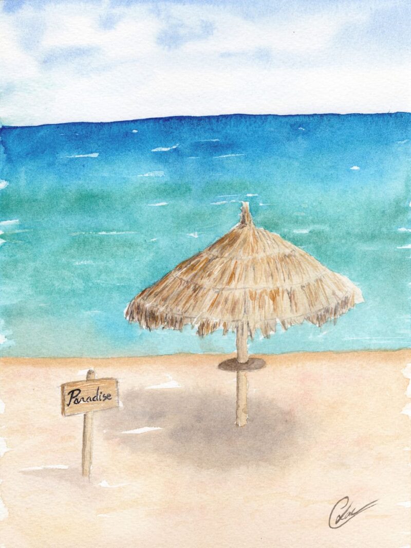 Aquarelle paysage représentant un parasol en feuilles tressées sur une plage de sable devant une mer turquoise réalisée par Christelle Lachambre artiste-peintre