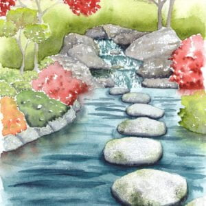 Aquarelle paysage représentant un plan d'eau au jardin japonais réalisée par Christelle Lachambre artiste-peintre