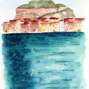 Aquarelle paysage représentant une ville sous la falaise en bord de mer réalisée par Christelle Lachambre artiste-peintre