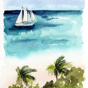 Aquarelle paysage représentant un voilier blanc sur une mer aux eaux turquoises devant une plage avec de la végétation réalisée par Christelle Lachambre artiste-peintre