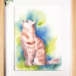 Aquarelle animale représentant un chat assis de profil et son encadrement personnalisé réalisés par Christelle Lachambre artiste-peintre