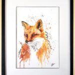 Aquarelle animale représentant un buste de renard et son encadrement personnalisé réalisés par Christelle Lachambre artiste-peintre