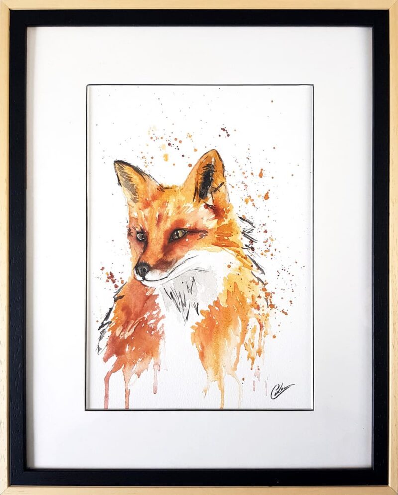 Aquarelle animale représentant un buste de renard et son encadrement personnalisé réalisés par Christelle Lachambre artiste-peintre