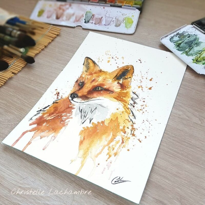 Aquarelle animale représentant un buste de renard au milieu de splashs de couleurs en cours de réalisation par Christelle Lachambre artiste-peintre