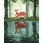Aquarelle animale représentant une biche et son faon, sur la rive d'une rivière qui coule au milieu d'une forêt, les reflets de la biche et du faon se reflètant dans l'eau de la rivière, réalisée par Christelle Lachambre artiste-peintre