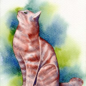 Aquarelle animale représentant un chat assis, de profil, en train de regarder en l'air quelque chose qui l'absorbe, réalisée par Christelle Lachambre artiste-peintre