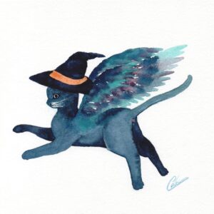 Aquarelle animale représentant une créature fantastique, un chat ailé au chapeau de sorcières réalisée par Christelle Lachambre artiste-peintre