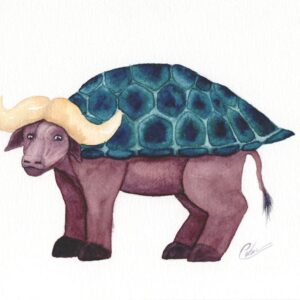 Aquarelle animale représentant une créature fantastique,mélange du buffle et de la tortue réalisée par Christelle Lachambre artiste-peintre