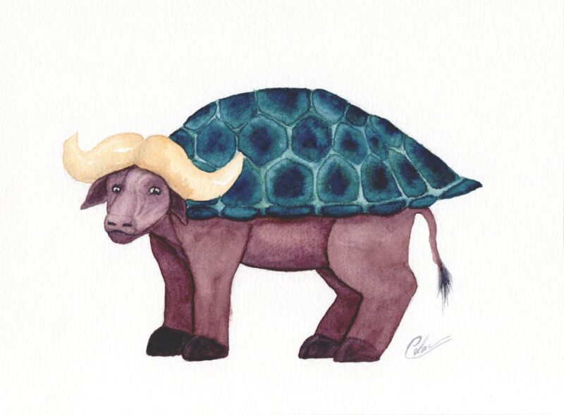 Aquarelle animale représentant une créature fantastique,mélange du buffle et de la tortue réalisée par Christelle Lachambre artiste-peintre