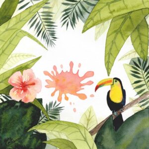 Aquarelle animale fantastique représentant un toucan dans la jungle et un splash de couleur rose orangée, réalisée par Christelle Lachambre artiste-peintre