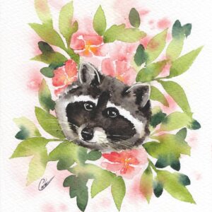 Aquarelle animale représentant un raton-laveur au milieu d'un buisson de fleurs et de branches, réalisée par Christelle Lachambre artiste-peintre