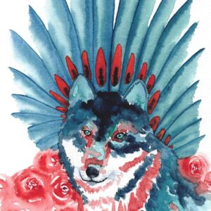 Aquarelle animale fantastique représentant un loup, entouré de plumes formant une couronne autour de sa tête et devant un buisson de roses, réalisée par Christelle Lachambre artiste-peintre