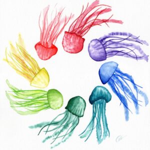 Aquarelle fantastique représentant un cercle de méduses dansant autour du centre, chaque méduse porte une couleur différente, le tout représentant un cercle chromatiques réalisée par Christelle Lachambre artiste-peintre