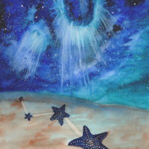 Aquarelle fantastique illustration d'une galaxie dans la mer avec des étoiles de mer disposées sur le sable réalisée par Christelle Lachambre artiste-peintre