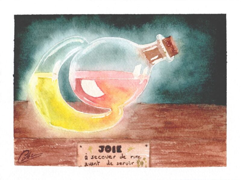 Aquarelle fantastique représentant une potion pour apporter de la joie, en forme de sourire qui doit être secouée pour mélanger les deux réactifs avant d'être consommée, réalisée par Christelle Lachambre artiste-peintre