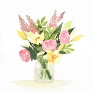 Aquarelle végétale représentant un bouquet de roses et de lys jaunes dans un bocaux en verre réalisée par Christelle Lachambre artiste-peintre