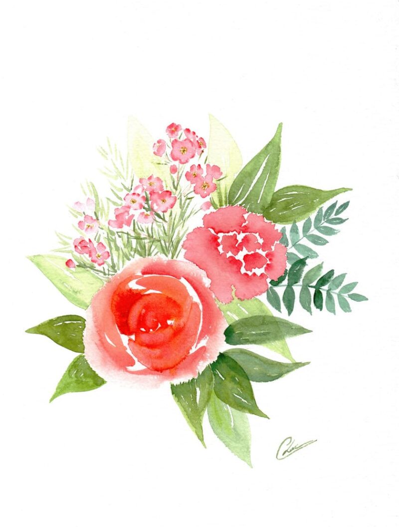 Aquarelle végétale représentant une boutonnière de marié avec une rose, un oeillet et du wax réalisée par Christelle Lachambre artiste-peintre