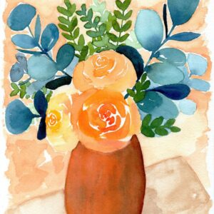 Aquarelle végétale représentant un bouquet de roses oranges et d'eucalyptus réalisée par Christelle Lachambre artiste-peintre