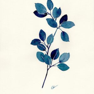 Aquarelle végétale représentant une branche et feuillages en monochrome de bleu réalisée par Christelle Lachambre artiste-peintre