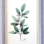 Aquarelle végétale représentant une branche avec des feuilles avec des tonalités différentes fusionnées et son encadrement personnalisé réalisés par Christelle Lachambre artiste-peintre