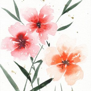 Aquarelle végétale représentant un trio de fleurs de champs couleur rouge orangées, réalisée par Christelle Lachambre artiste-peintre