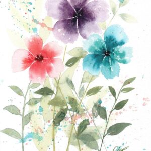 Aquarelle végétale représentant un trio de fleurs de champs violette, rouge et turquoise, réalisée par Christelle Lachambre artiste-peintre